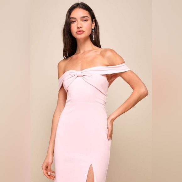 NWOT Lulus Elegant Perception‎ Light Pink Off-the-Shoulder Bow Maxi Dress - Picture 5 of 8